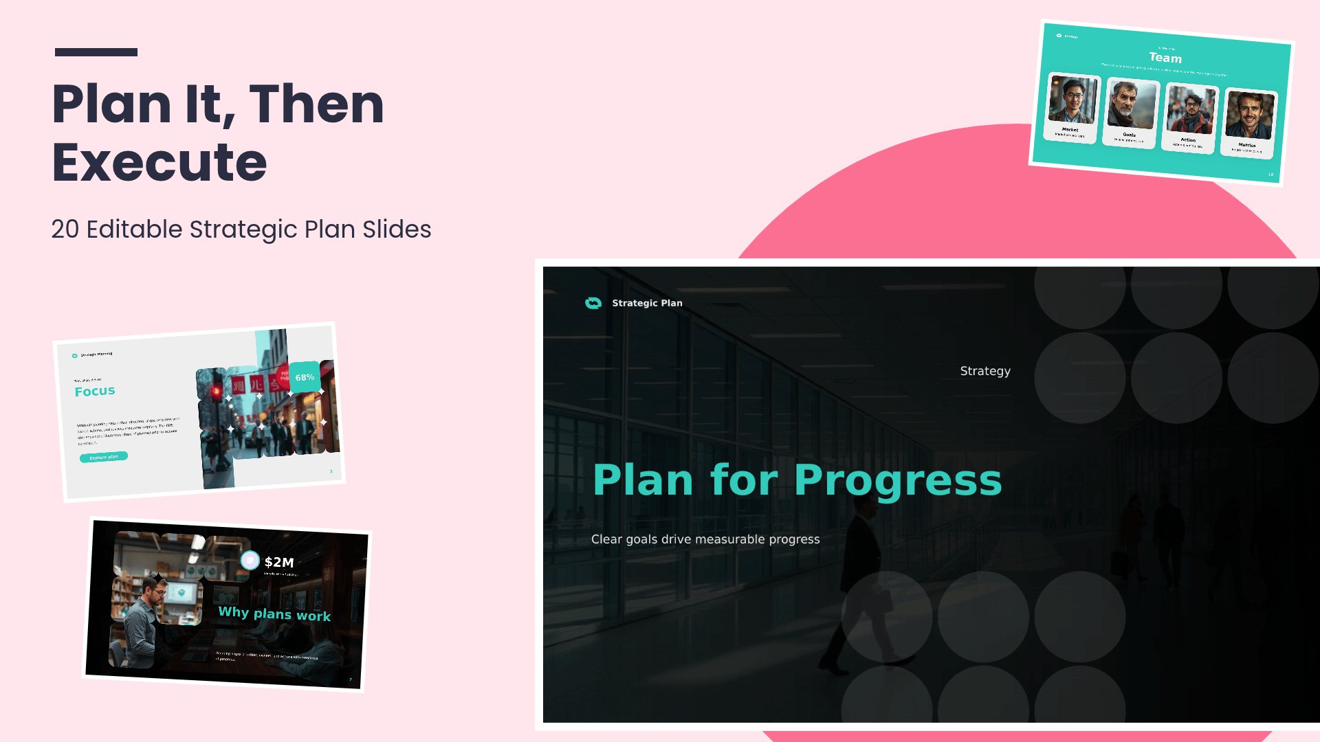 Strategic Planning and Execution PowerPoint template with 20 editable dark and teal slides for strategic planning and execution by Presentify