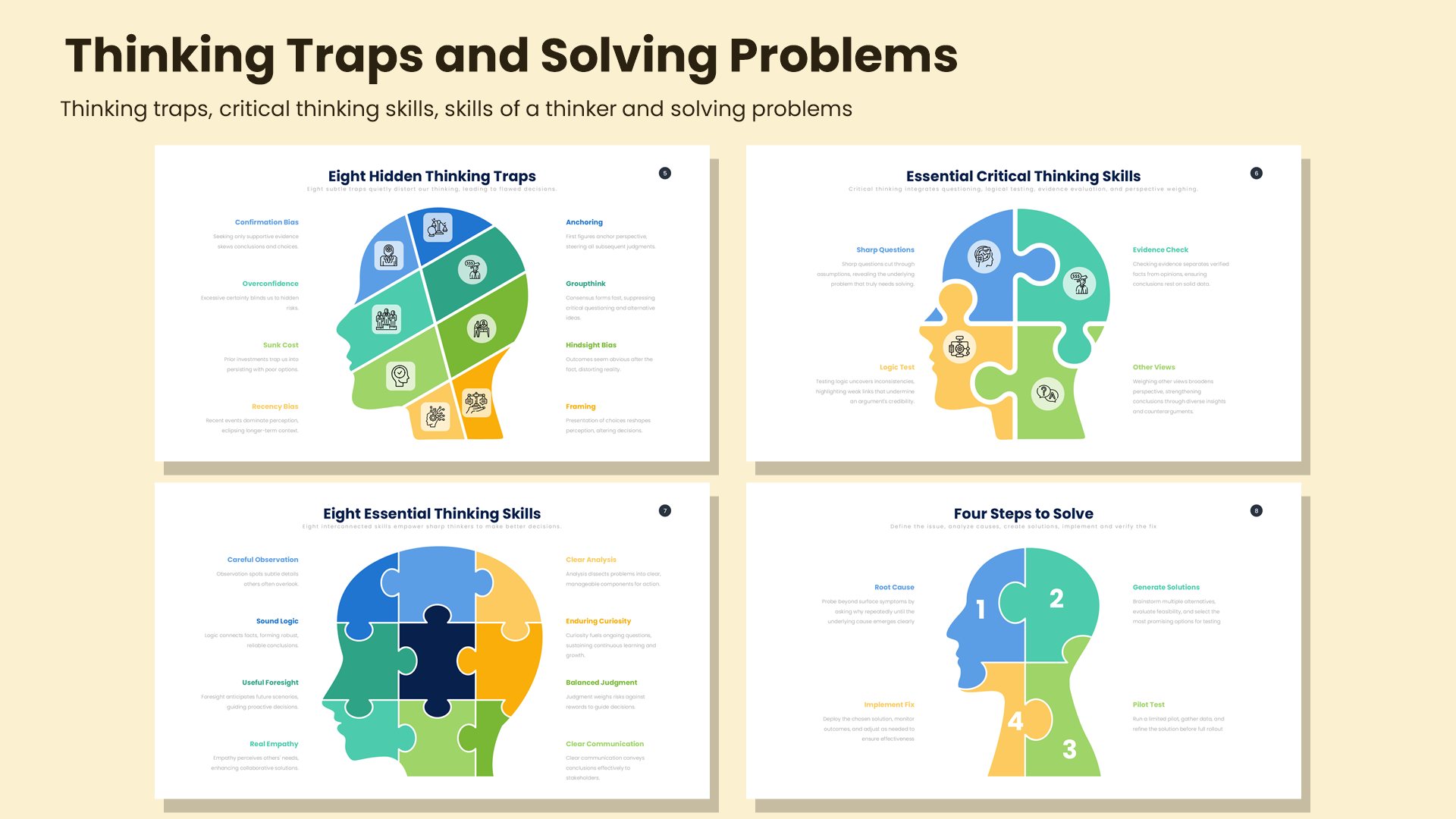 Four decision making slides covering thinking traps, critical thinking skills, skills of a thinker and solving problems