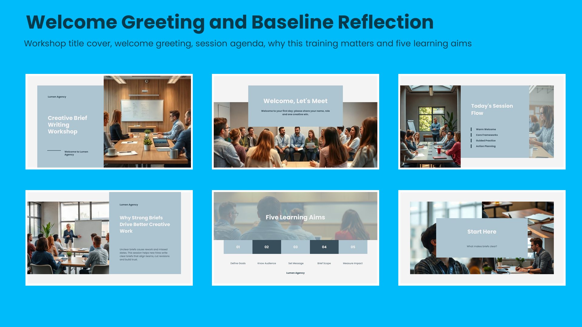 Six training workshop slides covering workshop title cover, welcome greeting, session agenda, why this training matters and five learning aims