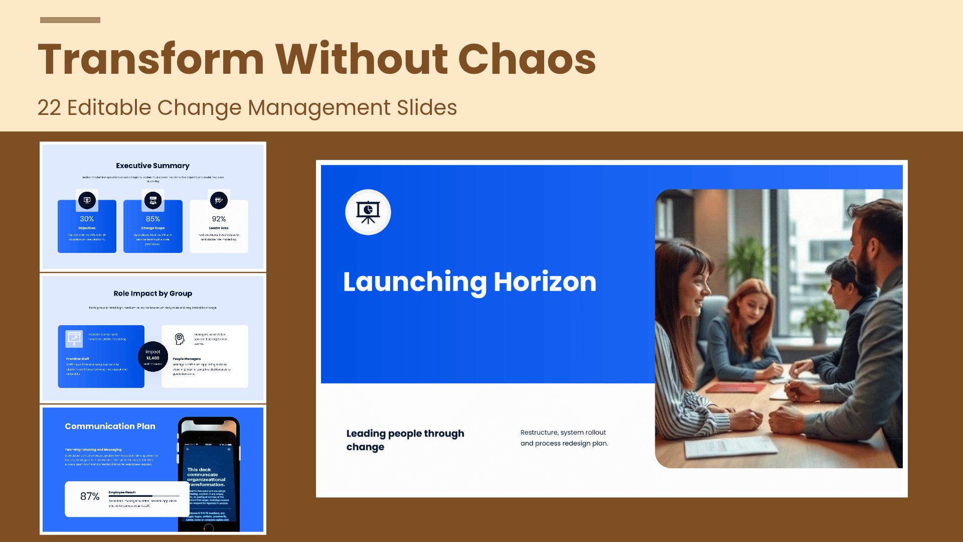Transformation Change Management Plan PowerPoint template with 22 editable white and blue slides for transformation change management by Presentify