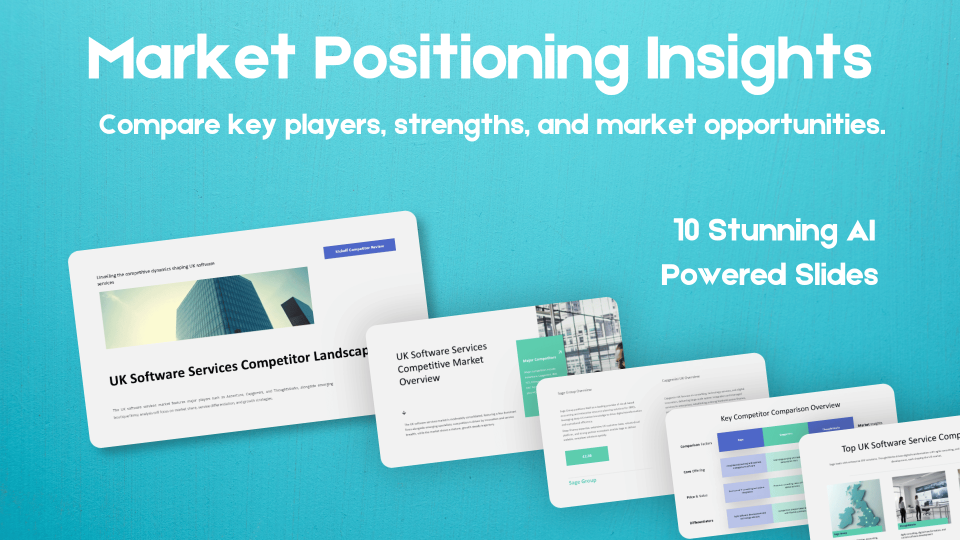 Competitor analysis slides comparing key players, pricing, market share, strengths, and weaknesses.