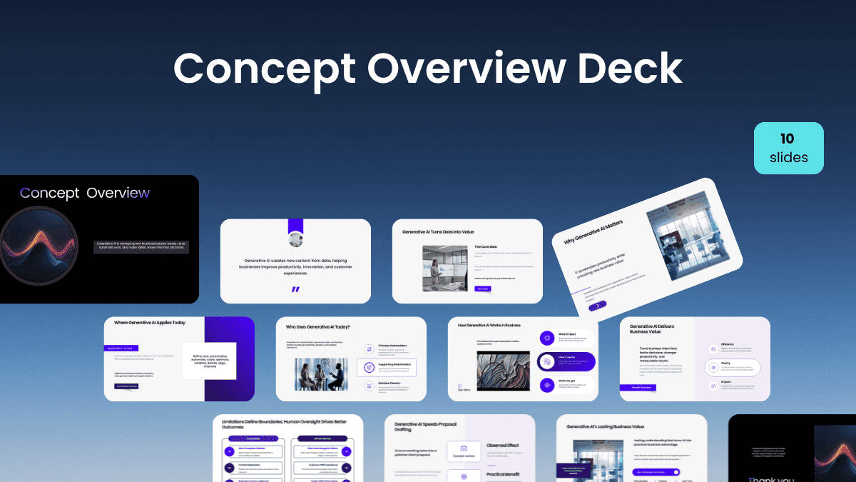 Concept Overview Deck template showing multiple AI-generated presentation slides for explaining any concept clearly and visually.