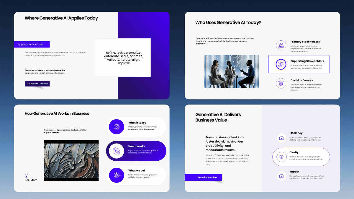 Opening slides of a Concept Overview Deck with title, summary, and introduction layouts for clear concept explanation.