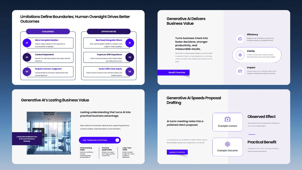 Concept Overview Deck analysis slides with structured layouts for explaining mechanisms, trends, and key insights.