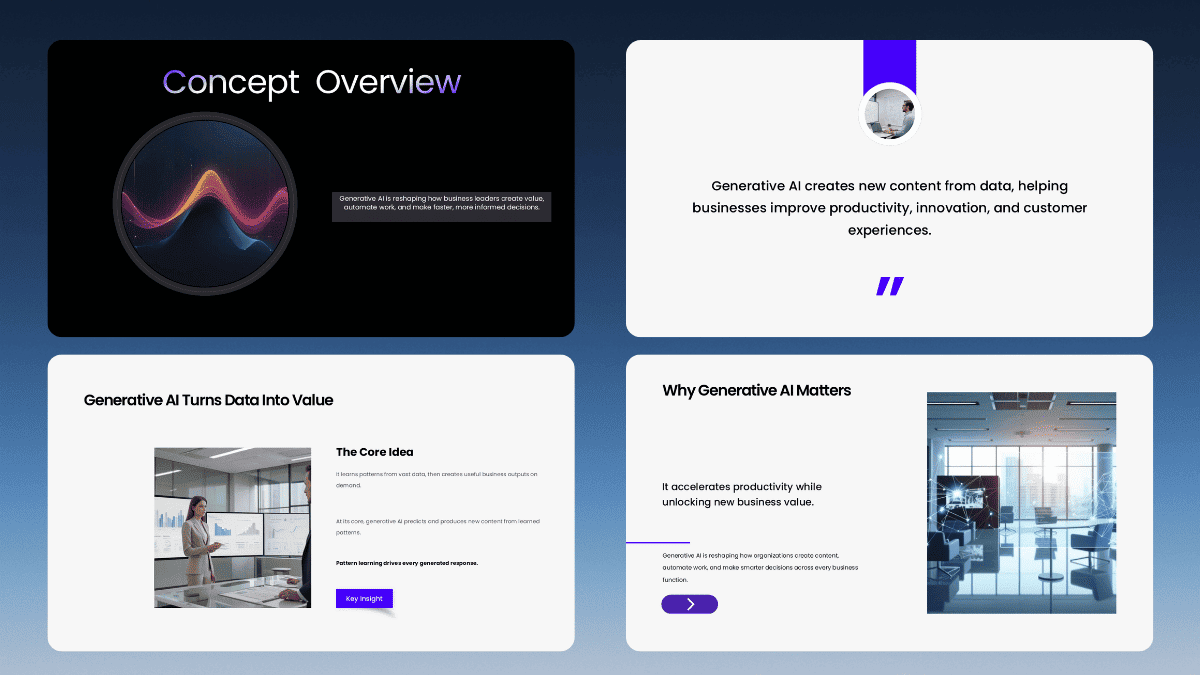 Concept Overview Deck framework slides showing comparison, validation, and structured explanation templates.