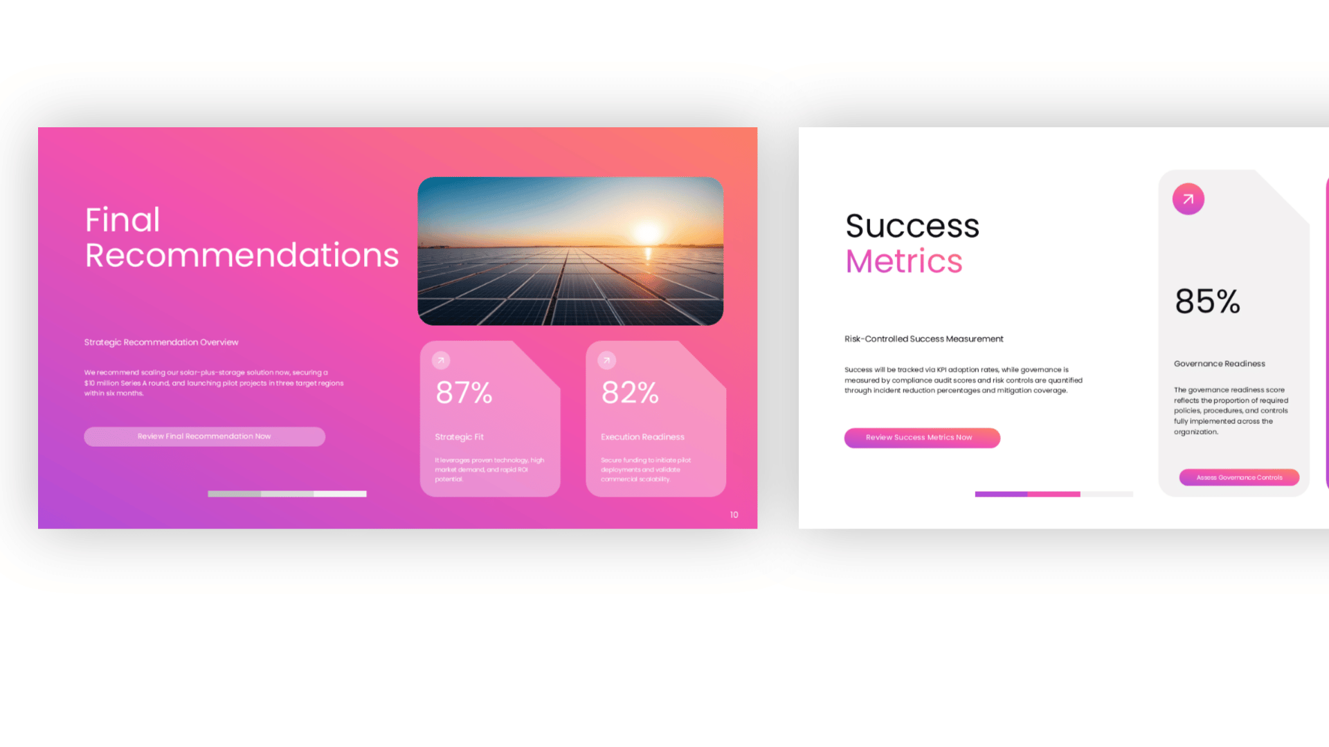 Final recommendation and success metrics slides with performance highlights and business targets.