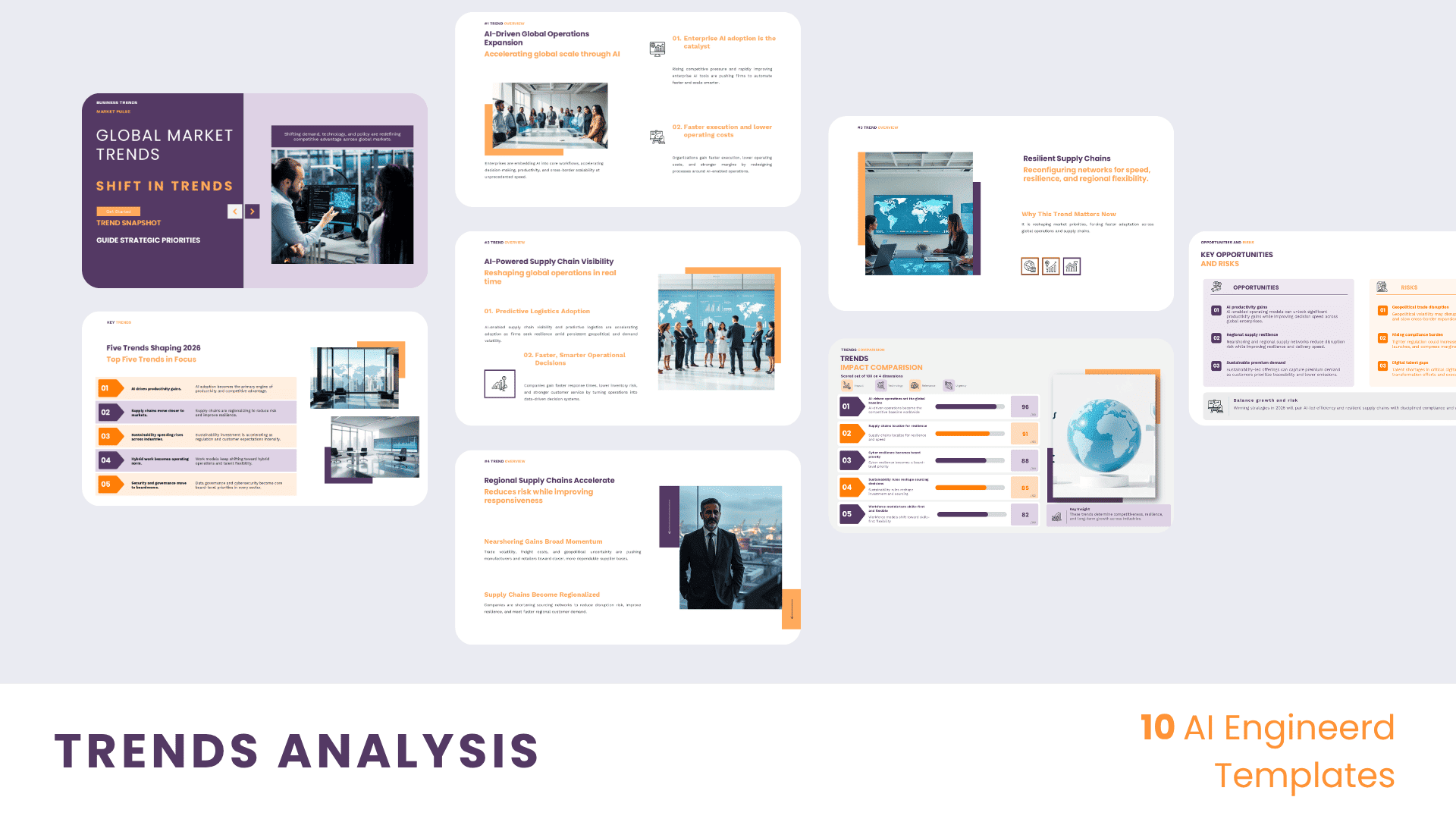 Industry trend analysis deck preview showing slides for top 5 trends, impact comparison, opportunities, risks, and strategic action planning.
