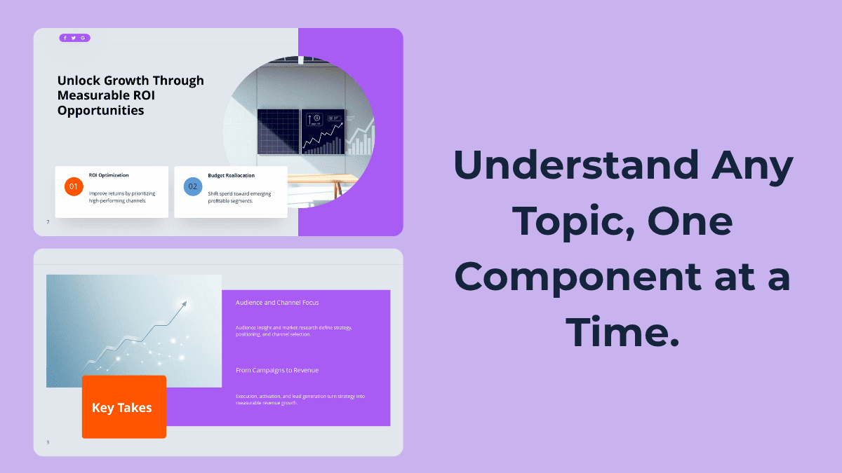 Key Components Deck closing slide with summary insights and a presentation-ready tagline for explaining any topic one component at a time.