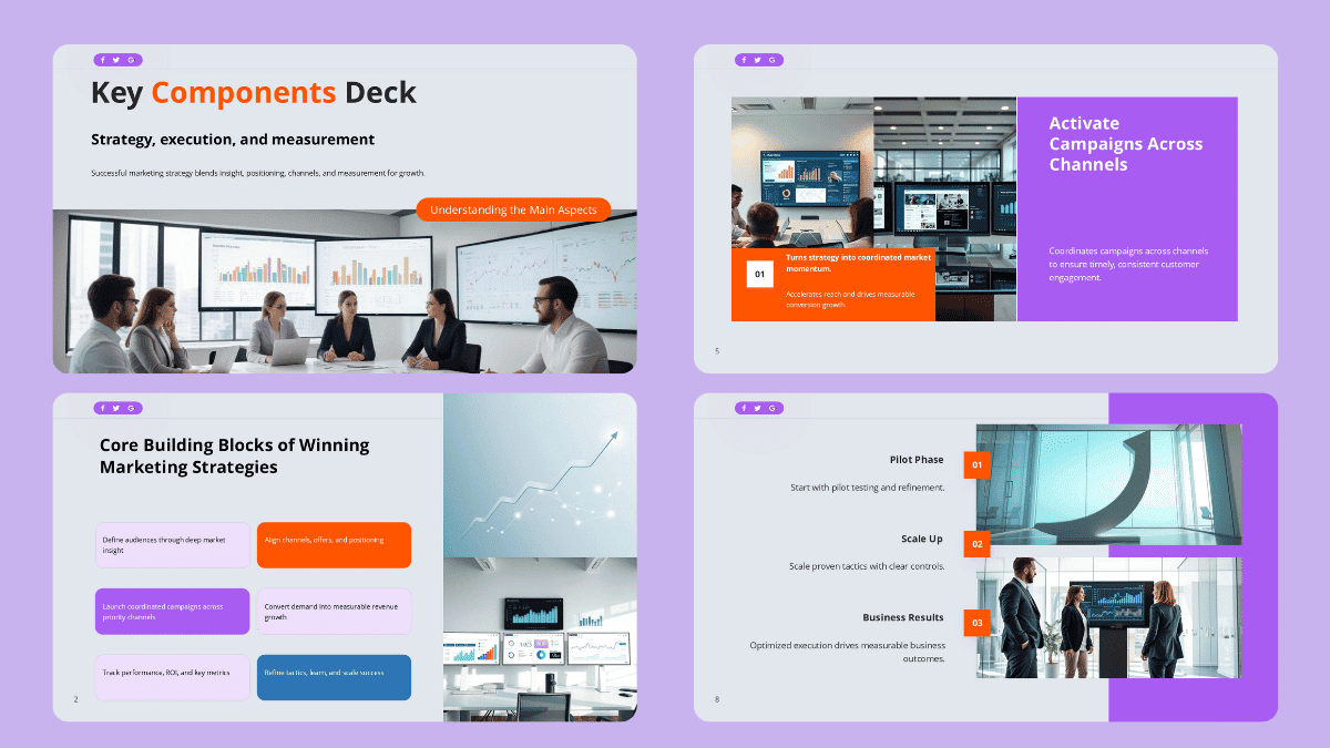 Key Components Deck slides showing core building blocks, feature breakdowns, and visual component analysis in a modern presentation layout.