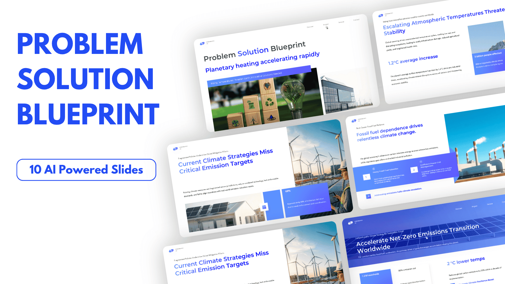 Problem–solution presentation preview featuring business challenges, solution concepts, implementation steps, and supporting visuals.
