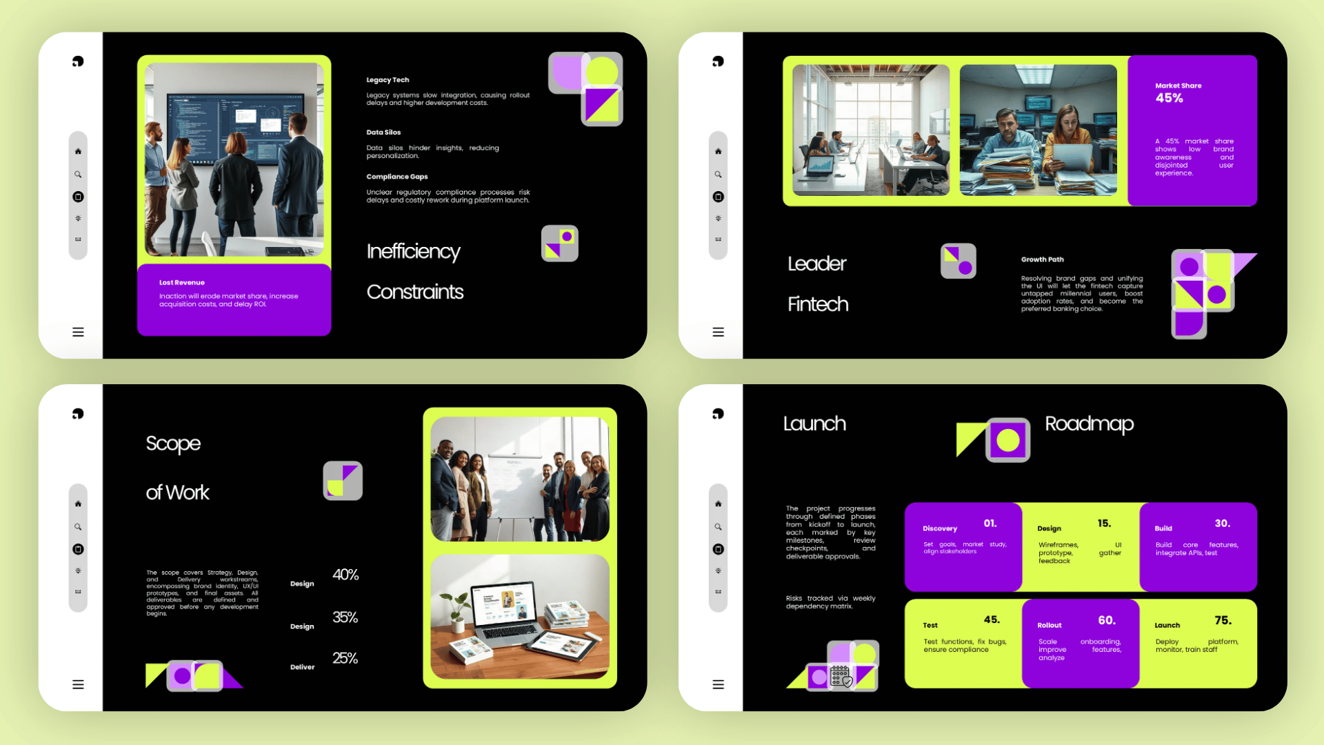 Professional agency proposal presentation featuring project team profiles, business growth strategy, risk management, and milestone-based payments.