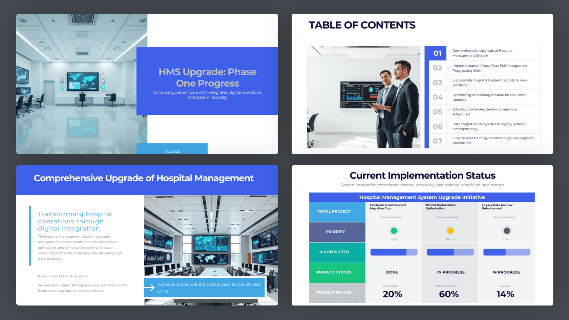 Preview of project status slides showing table of contents, project overview, and current implementation status.