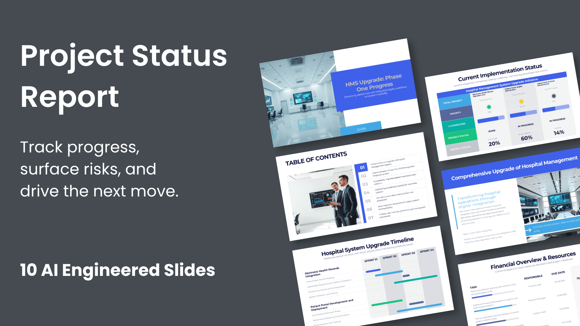 Project Status Report deck cover showing AI-generated slides for progress tracking, risks, and next actions.