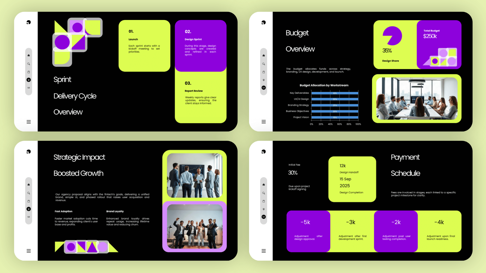 Digital agency services PowerPoint slides showcasing creative design, fintech solutions, collaboration commitments, project deliverables, and contact details.