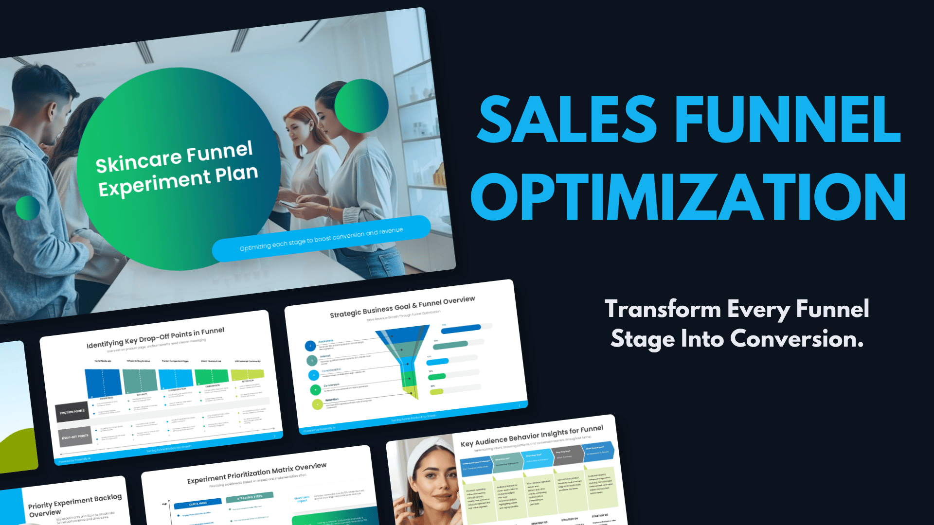 Sales funnel optimization presentation cover featuring funnel analysis slides, customer visuals, and performance charts.