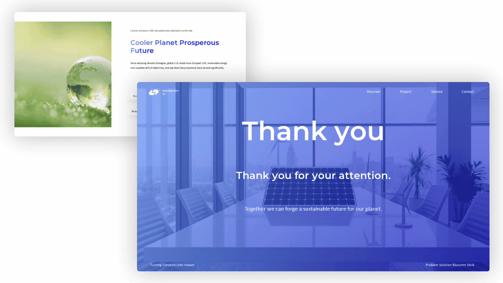 Closing slides featuring the final solution summary, recommendations, and professional thank-you page.
