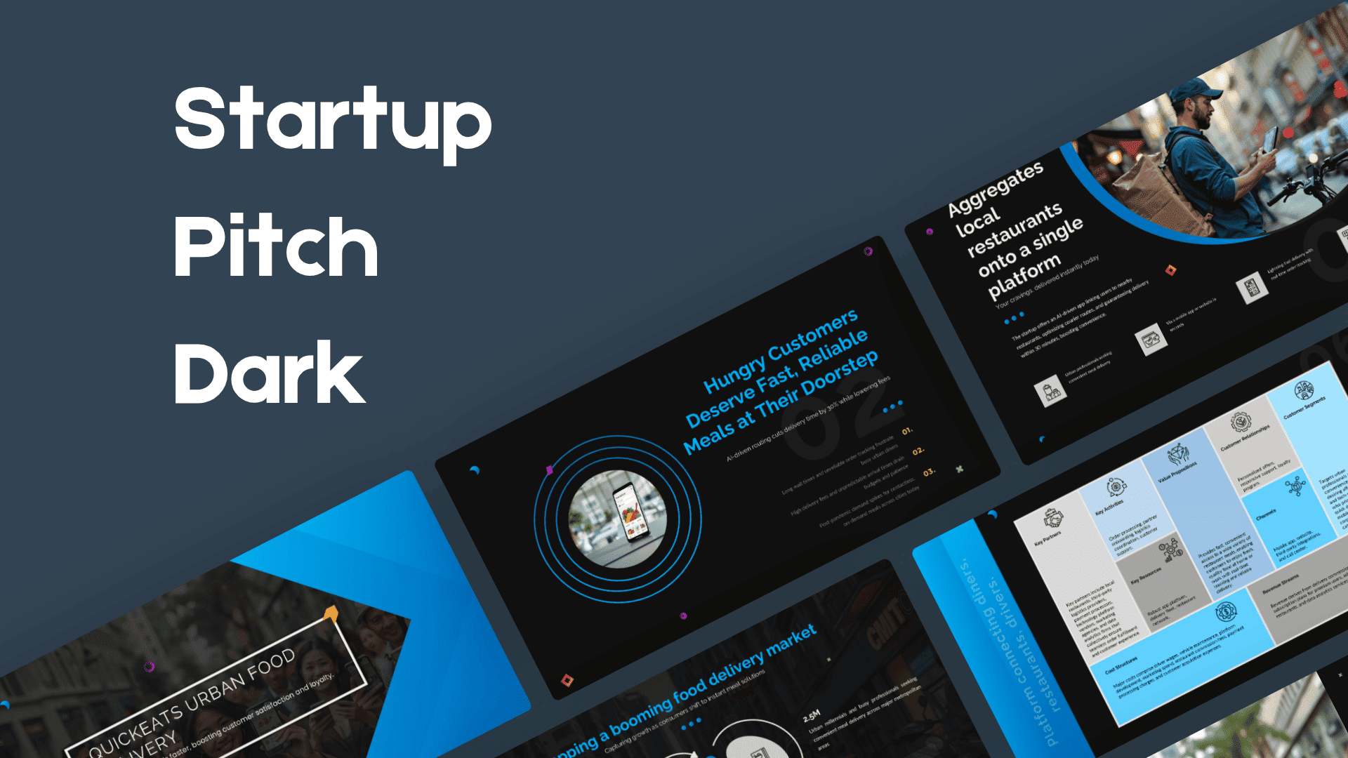 Startup Pitch Dark deck preview with modern black and blue startup slides arranged in an angled layout.