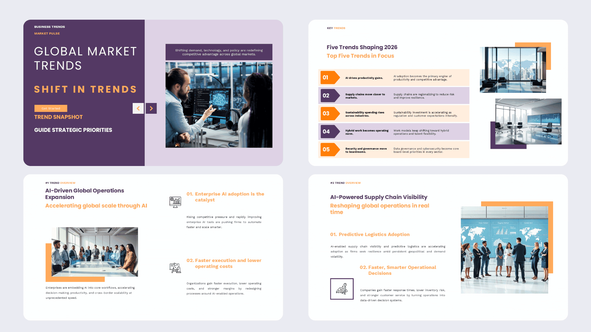 Top five industry trends analysis template with opening snapshot, ranked trends, deep-dive slides, and market trend insights.
