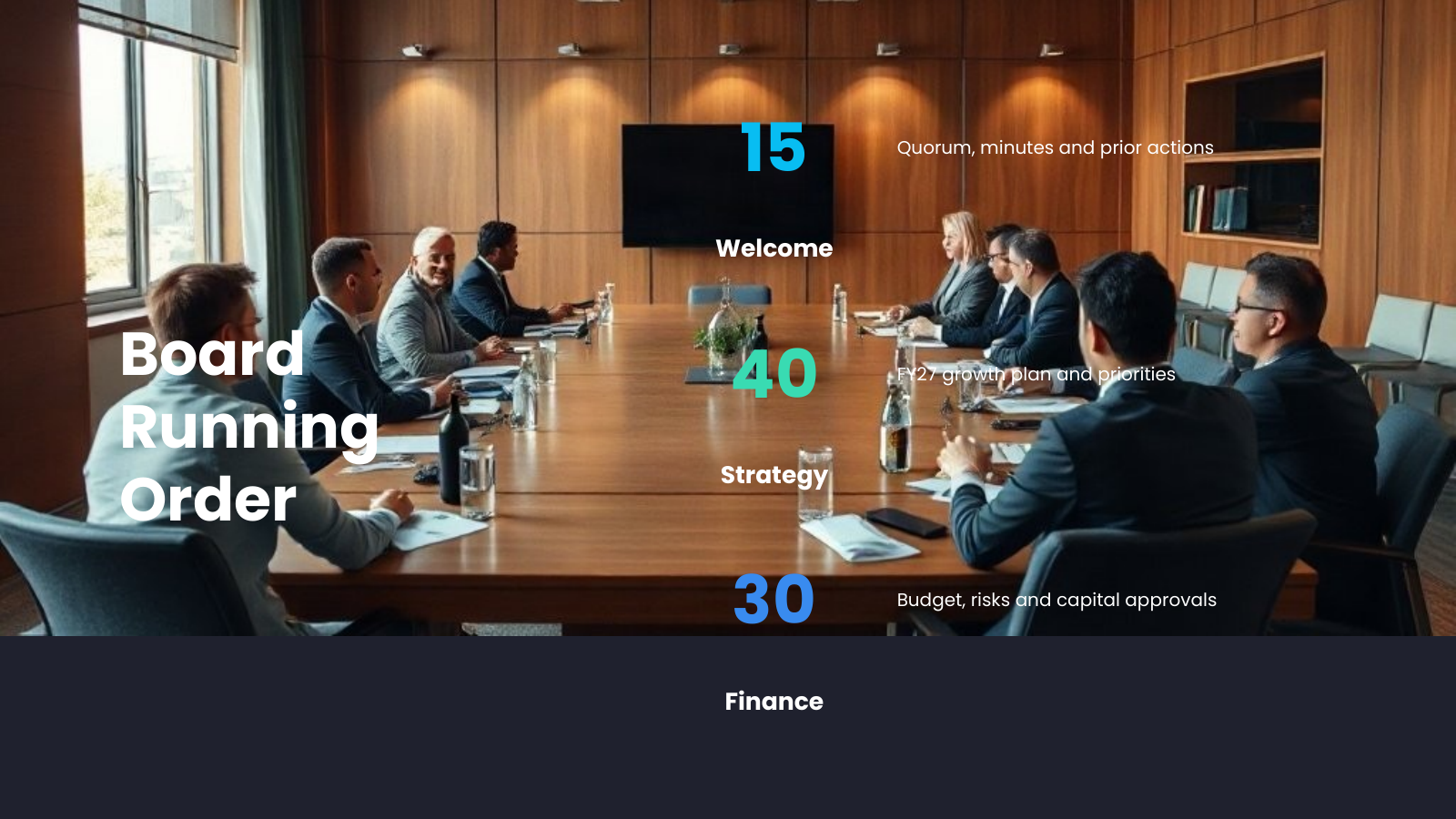 Dark Meeting & Event Agenda template cover slide