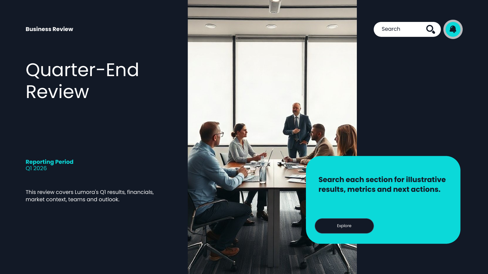 Quarterly Business Review – Search Bar Theme template cover slide