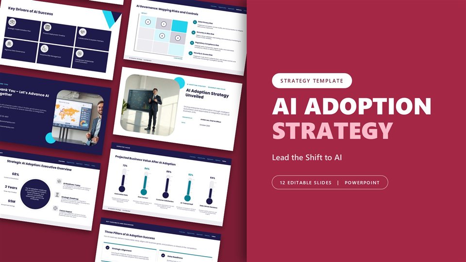 AI Adoption Strategy Midnight Presentation Deck template cover slide