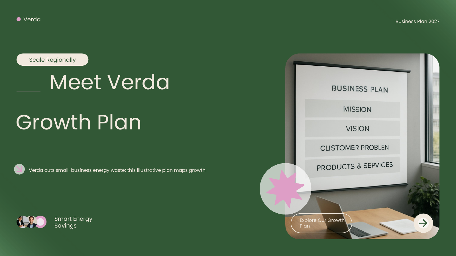 Green Pink Modern Startup Business Plan template cover slide
