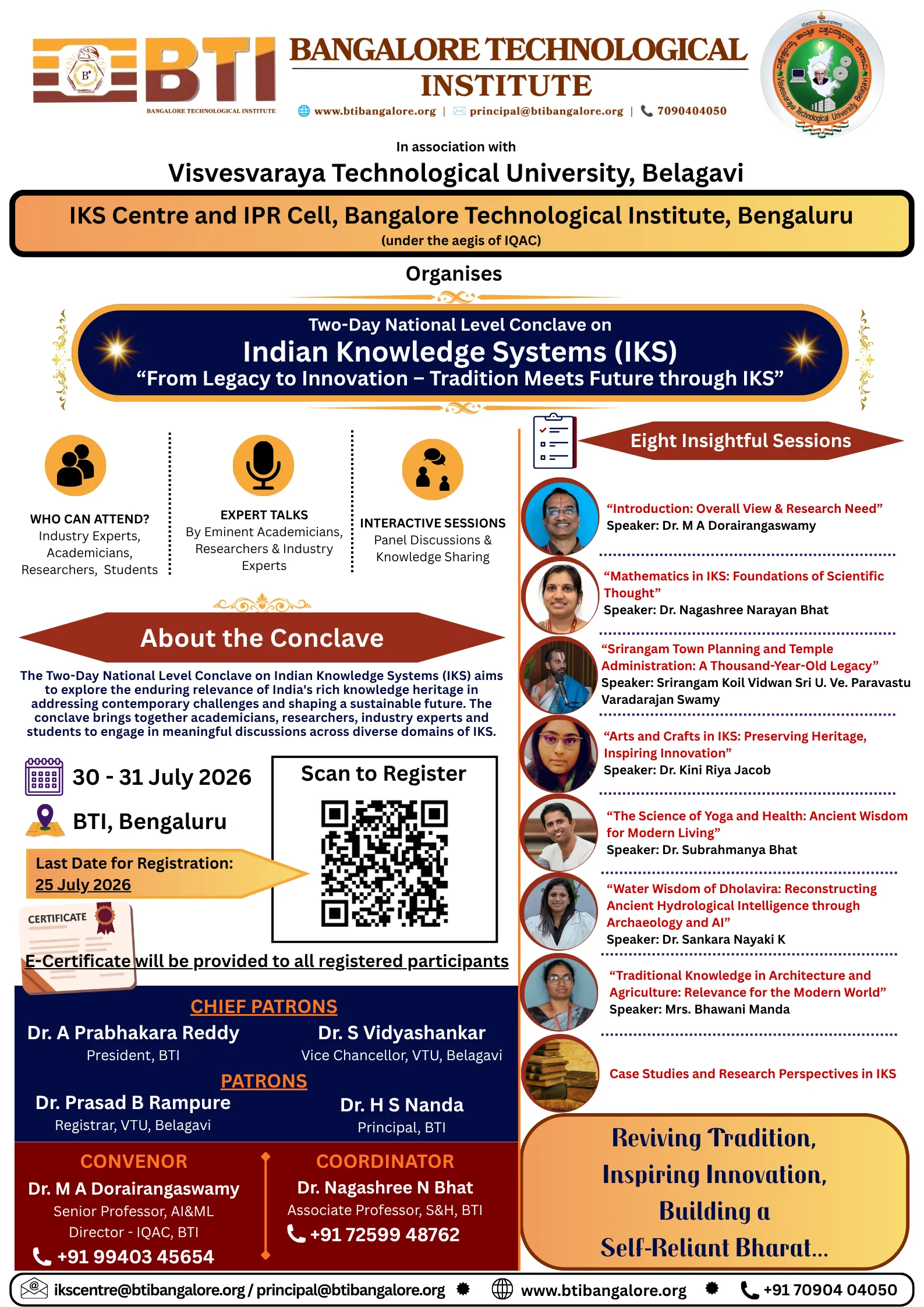 Promotional poster for the Two-Day National Level Conclave on Indian Knowledge Systems (IKS) at Bangalore Technological Institute, Bengaluru, held on 30–31 July 2026 in association with VTU Belagavi. The poster highlights the theme, expert speakers, event schedule, and organizing committee.
