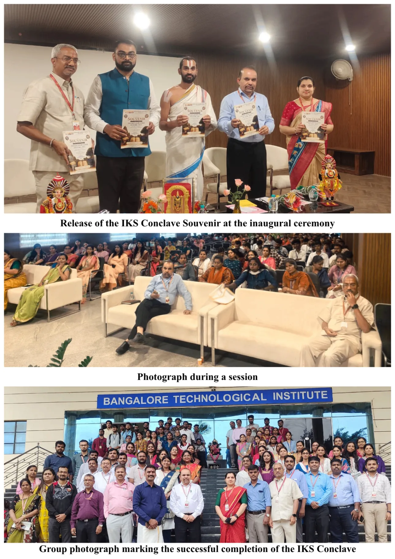 Photo collage from the IKS Conclave featuring the souvenir release, participants attending a technical session, and a group photograph of organizers, speakers, and participants at the conclusion of the event.