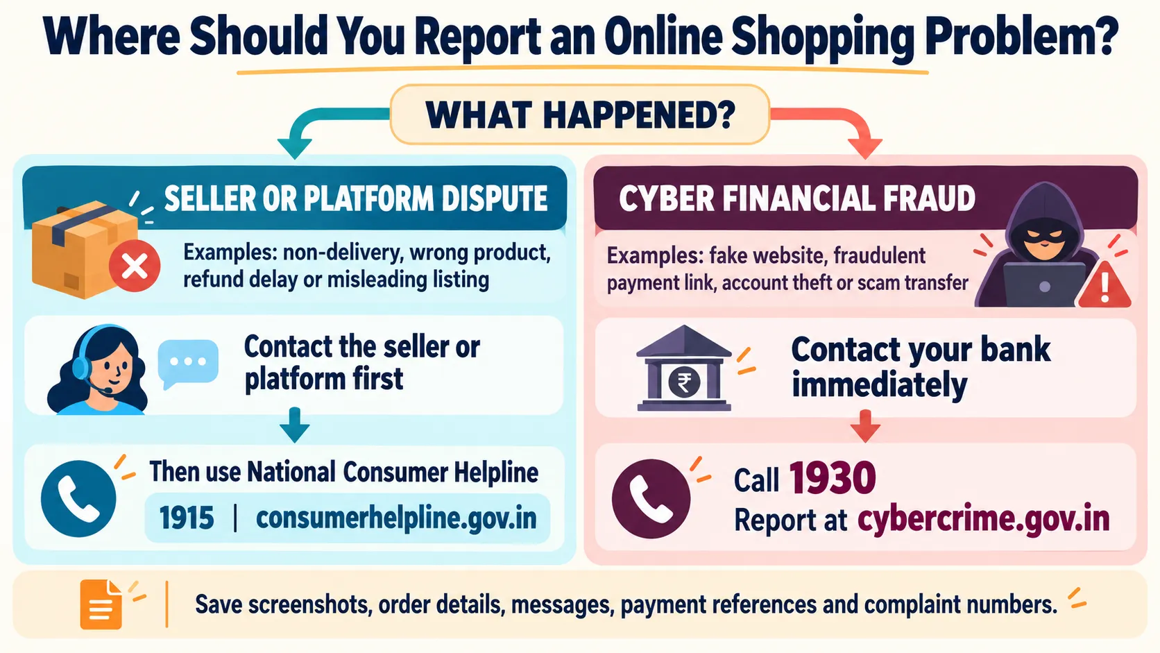 Guide showing that seller disputes can go to the National Consumer Helpline, while cyber financial fraud should be reported to the bank, 1930 and cybercrime.gov.in.