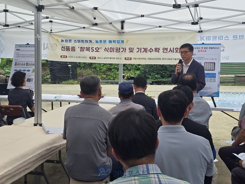 충주시농업기술센터가 신품종 찰옥5호의 우수성을 시연하고 기계수확 기술로 노동시간을 획기적으로 단축할 수 있음을 입증했다. (충주시 제공)