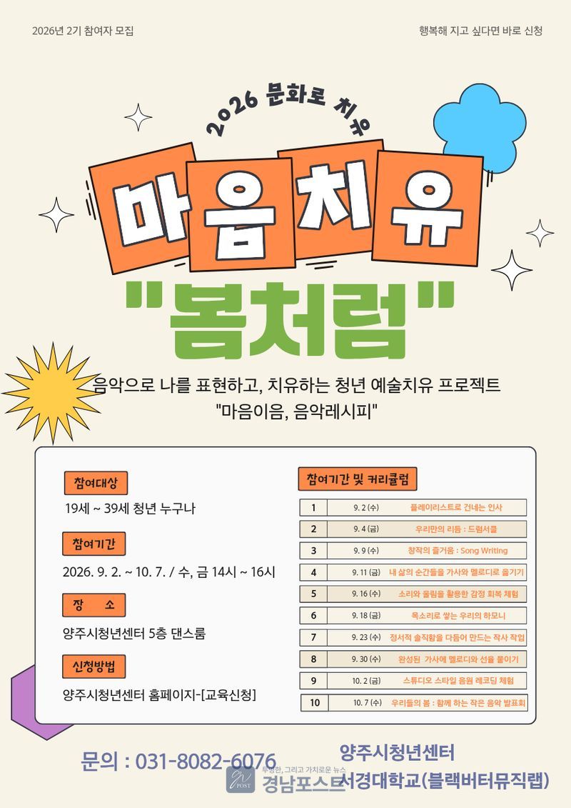 양주시가 음악을 통한 심리 치유 프로그램인 '블랙버터뮤직랩' 2기에 참여할 19~39세 청년들을 모집한다. (양주시 제공)