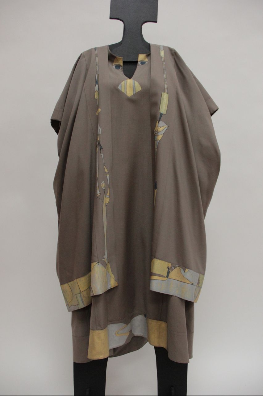 Nour Collection , 1975 | Painted Silk Caftan ensemble (caftan, long jacket and scarf) 0 x 0 cm