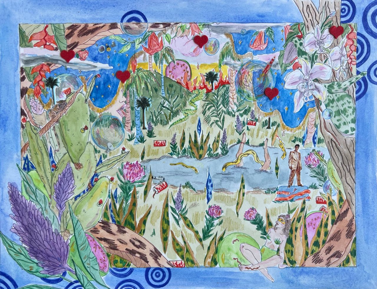 Profusão solar, 2023 | Aquarela, lapis de cor, caneta e adesivos em papel de aquarela 41 x 31 cm