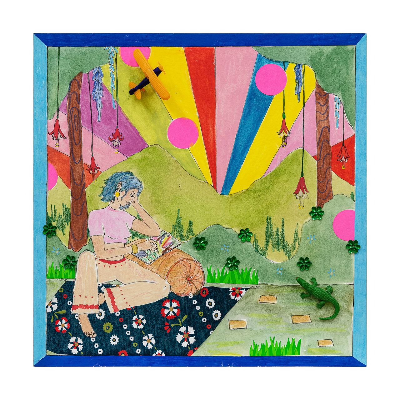 Autorretrato com Cabelo Azul, 2022 | watercolor, colored pencil, stickers, collage, airplane and crocodile erasures 20 x 20 cm