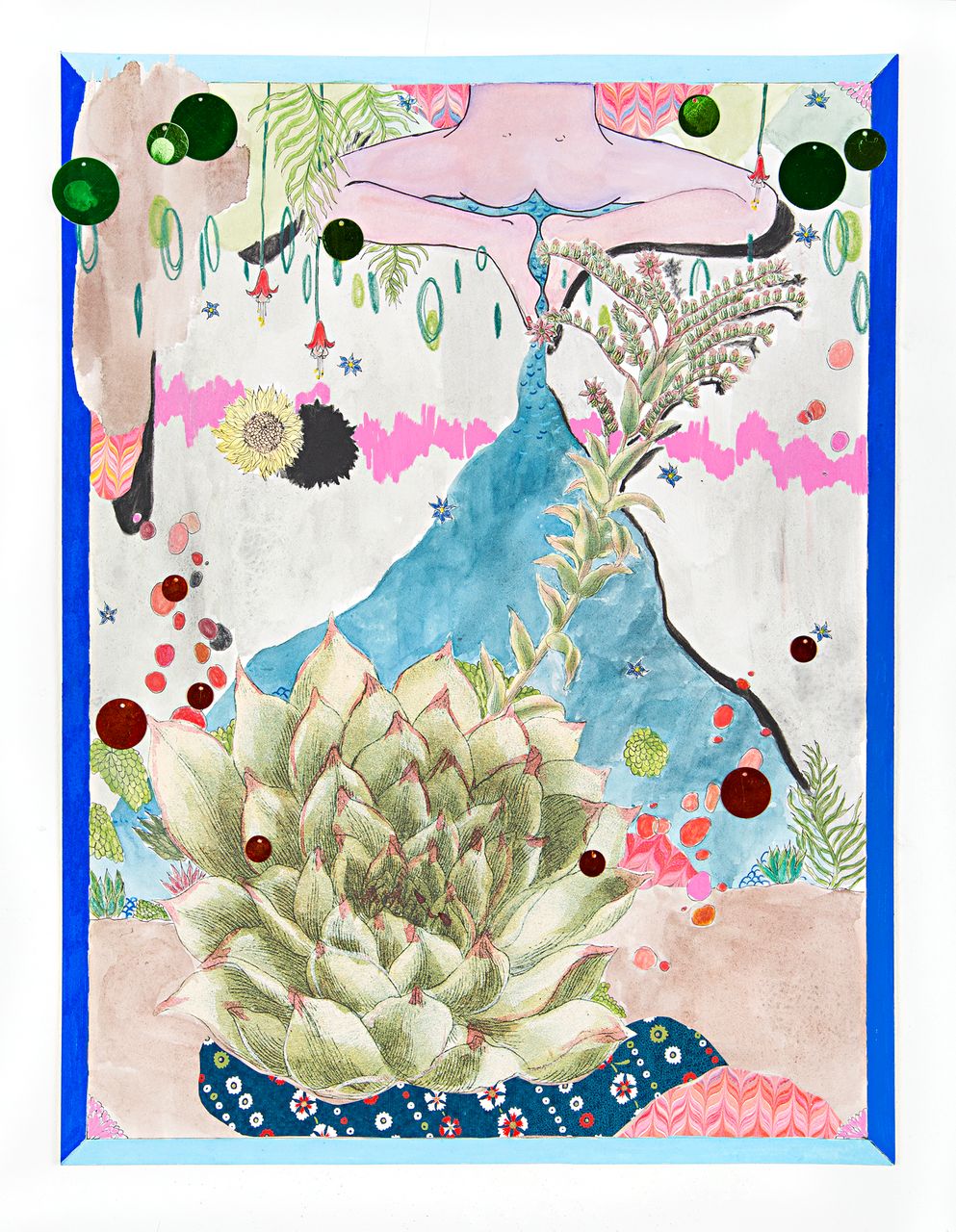 Silêncio, 2022 | aquarela, lápis de cor, colagem e lantejoulas sobre papel 41 x 31 cm