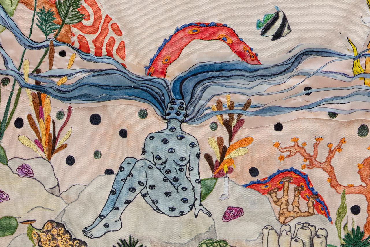 Everytime I dive in i frighten all the fish [Tapestry], 2023 | Printed linen, silk, sequins 180 x 140 cm
