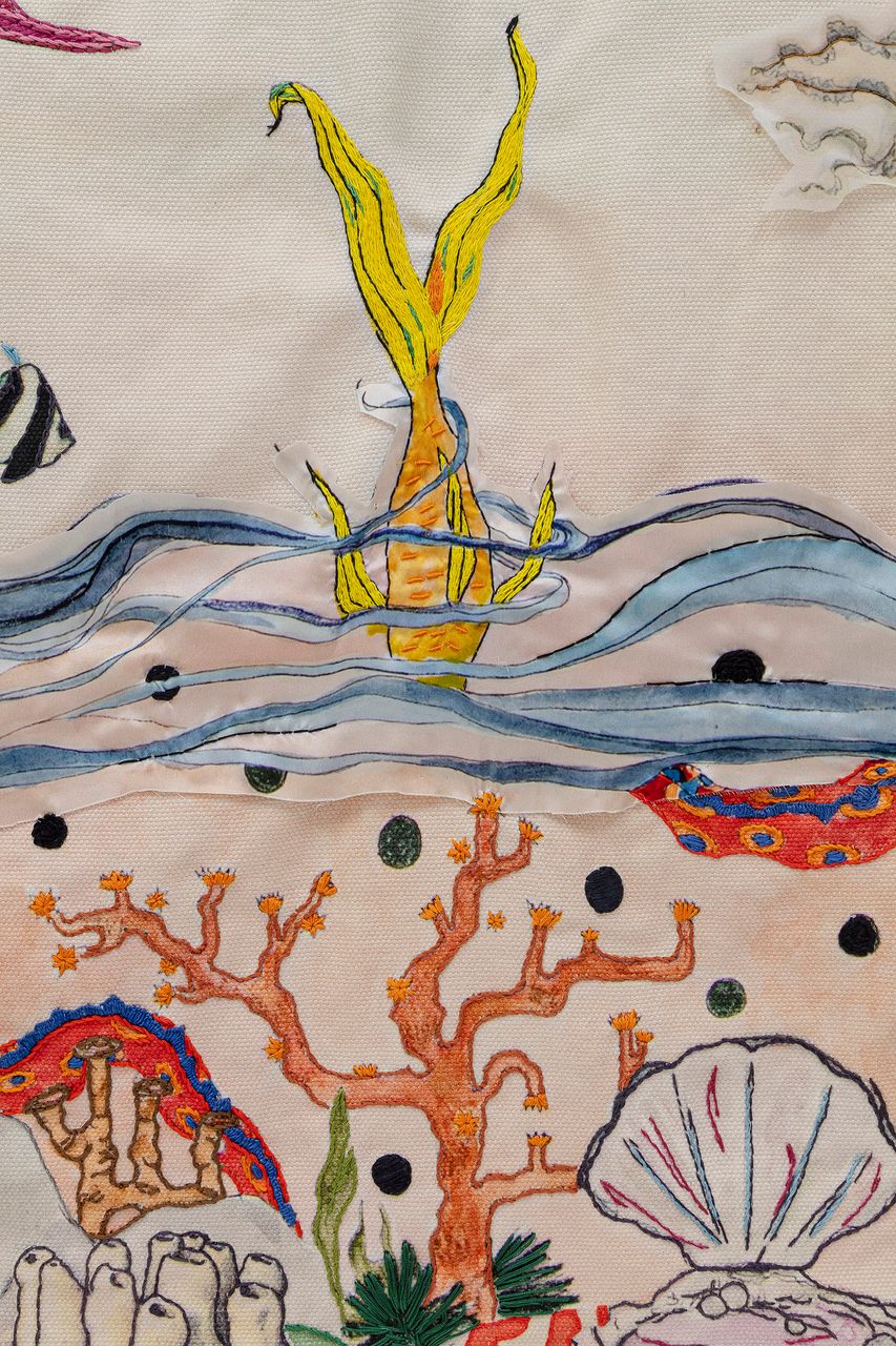 Everytime I dive in i frighten all the fish [Tapestry], 2023 | Printed linen, silk, sequins 180 x 140 cm