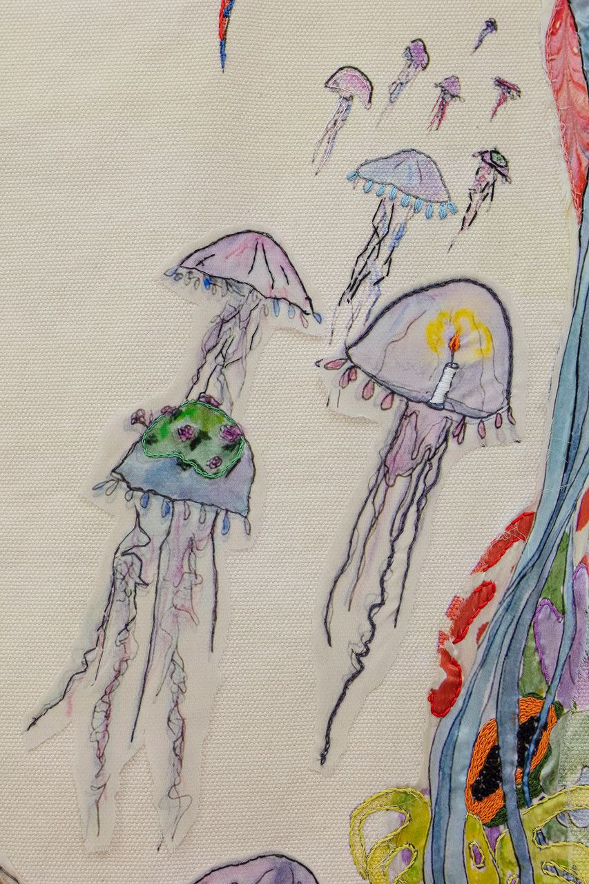 Everytime I dive in i frighten all the fish [Tapestry], 2023 | Printed linen, silk, sequins 180 x 140 cm