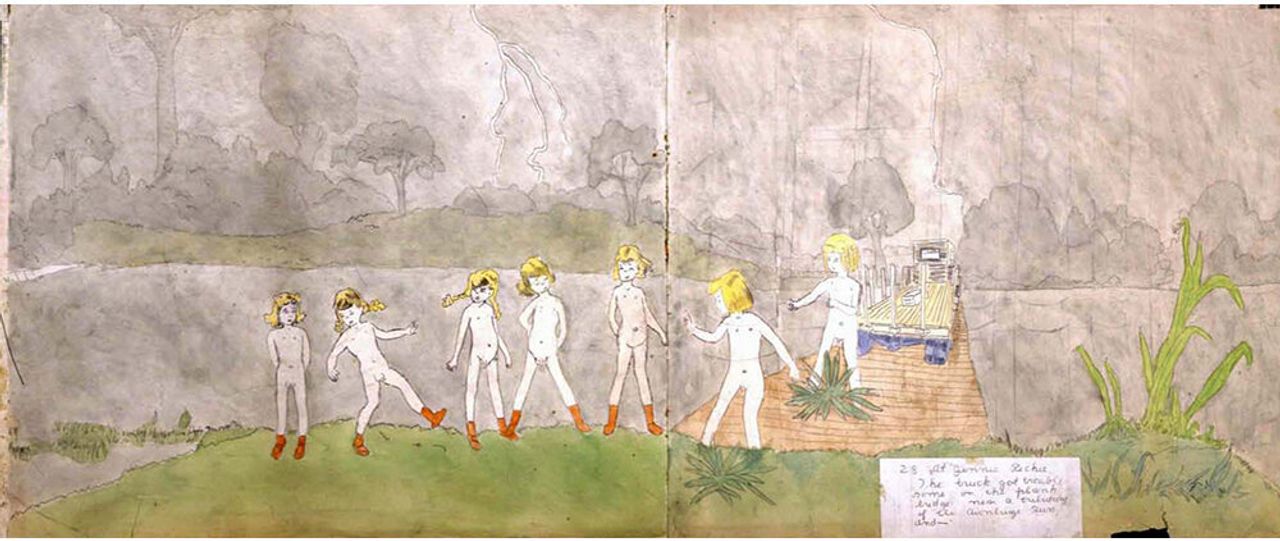 At Jennie Richie the truck got trouble-some on the plank bridge near a tributary of Aronburg's Run,  | Watercolor, ink, pencil with carbon transfer on paper 124.5 x 48.3 cm