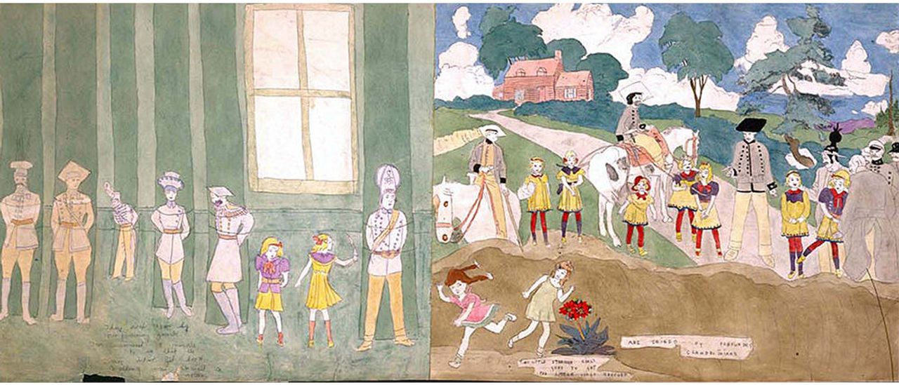 At Jennie Richie the truck got trouble-some on the plank bridge near a tributary of Aronburg's Run,  | Watercolor, ink, pencil with carbon transfer on paper 124.5 x 48.3 cm