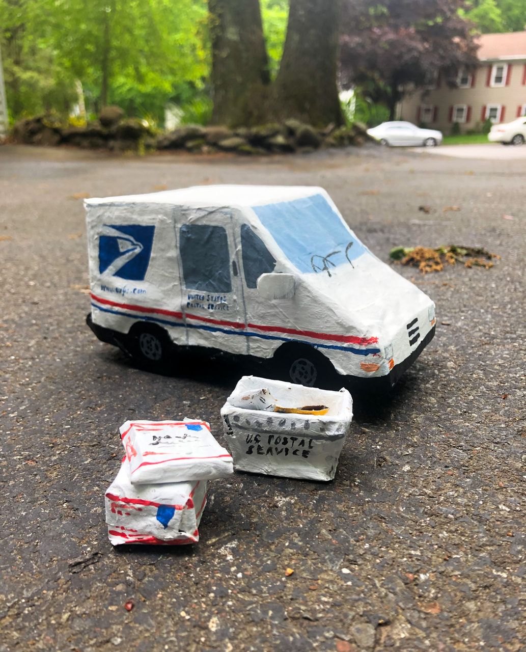 Mail Truck with Packages, 2020 | Cardboard, Paper, Acrylic Paint 13.97 x 10.16 cm