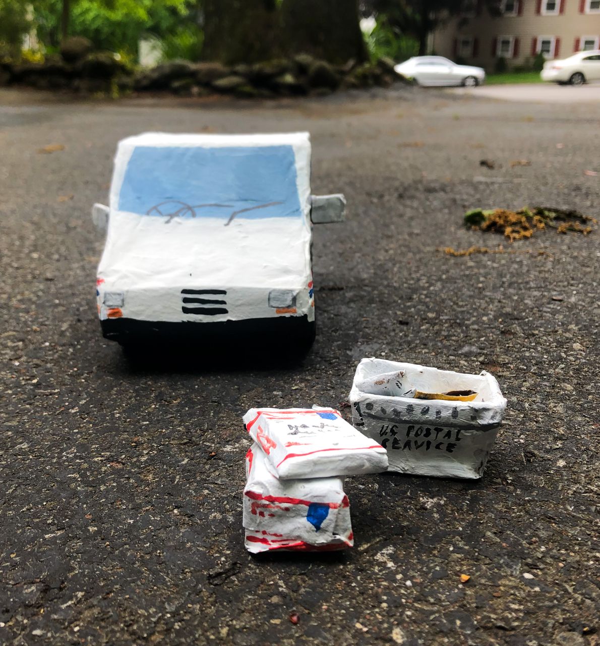 Mail Truck with Packages, 2020 | Cardboard, Paper, Acrylic Paint 13.97 x 10.16 cm