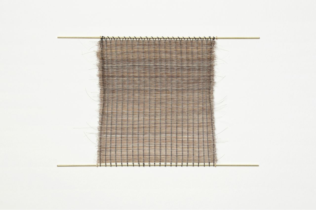 Pin Loom Hair Weave #5, 2019 | artist’s gray and dark hair, silk thread, and brass rods 10.16 x 8.89 cm