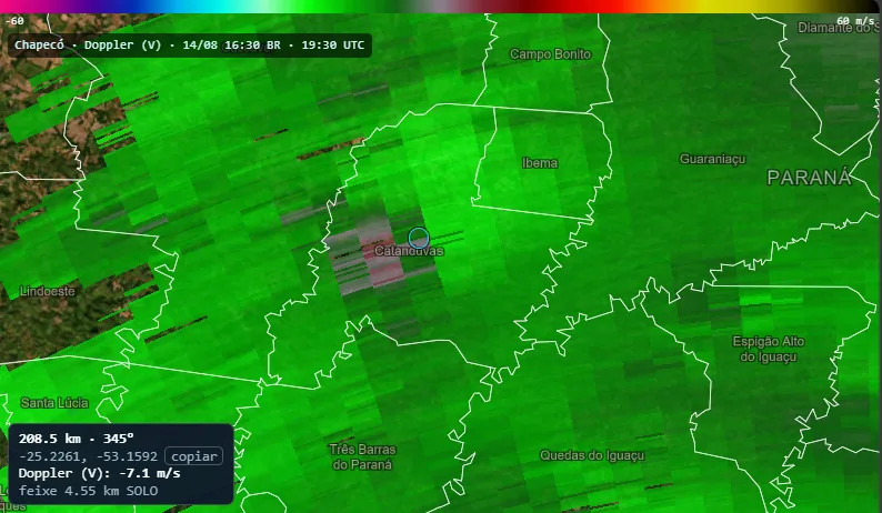 Velocidade radial Doppler marcando menos 7,1 metros por segundo no mesmo ponto