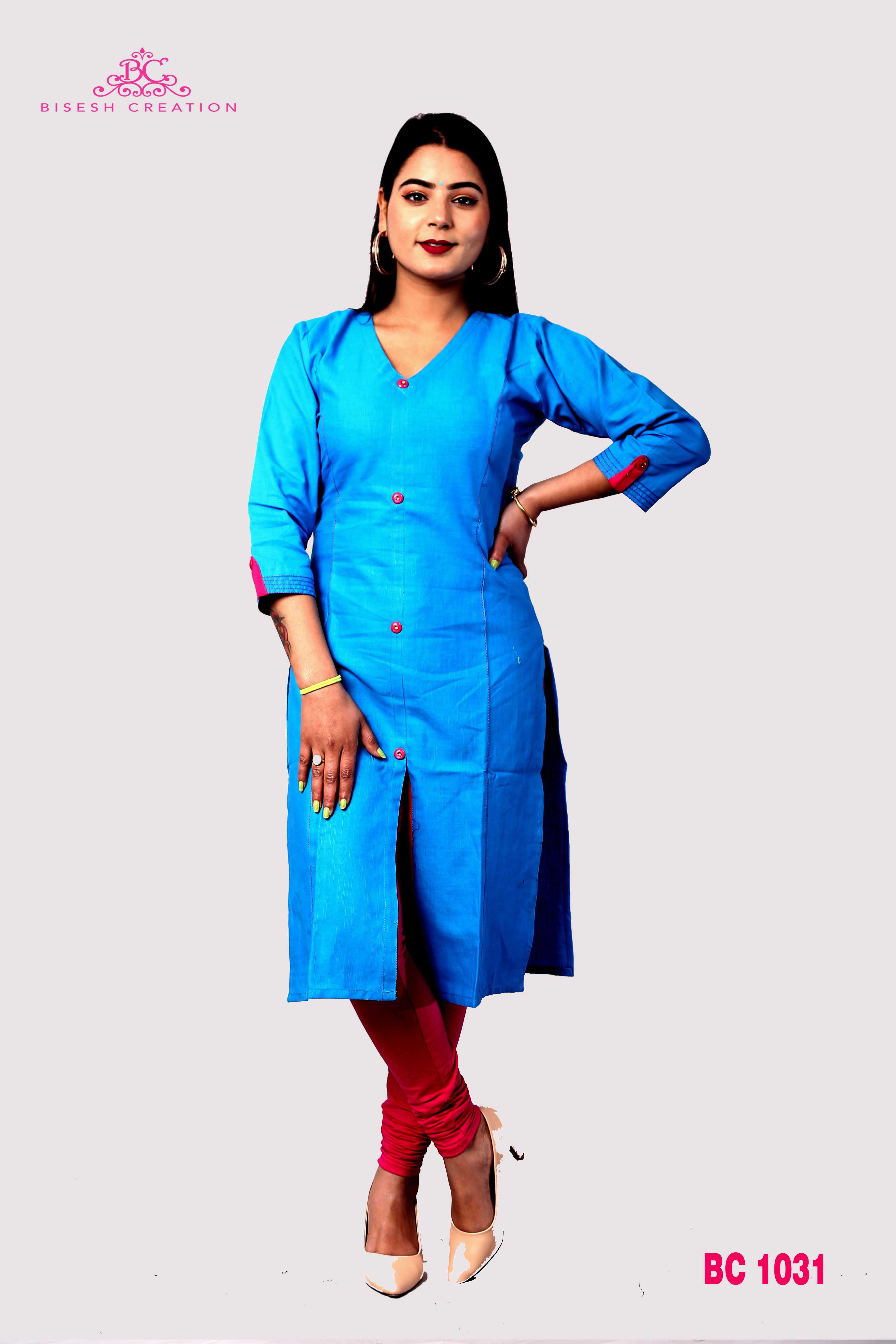 Navy Blue Slub Rayon Choli Design Front Cut Kurti With Cotton Leggings Set  