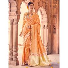 Style Lifestyle Designer Banarasi Peach Saree with Elegant Traditional Design With Jari & Woven Border with Gold Blouse for Wedding, Party and Festival