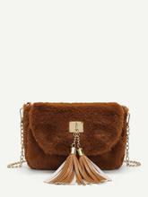 Tassel Detail Faux Fur Chain Crossbody Bag