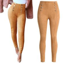 Anself High Waist Faux Suede Pants Women Winter Elastic Stretch Slim