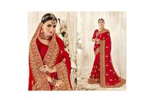 Heavy Embroidered Saree With Blouse Piece For Women-Red/Golden