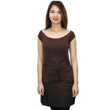 Brown Tree Printed Boat Neck Long T-Shirt For Women  (WDR 5026)